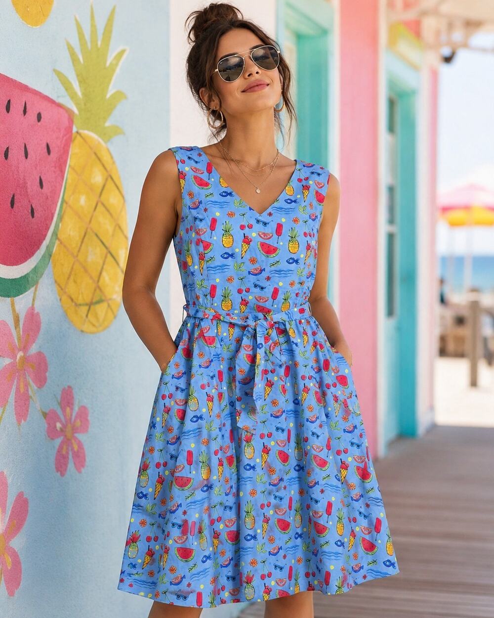 Tulip B Blue Fruit Print Midi Dress Size M NWT Cotton Pockets Belt Retro